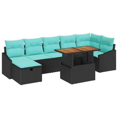 vidaXL Vrtna sedežna garnitura z blazino 8 pcs Črna poli ratan