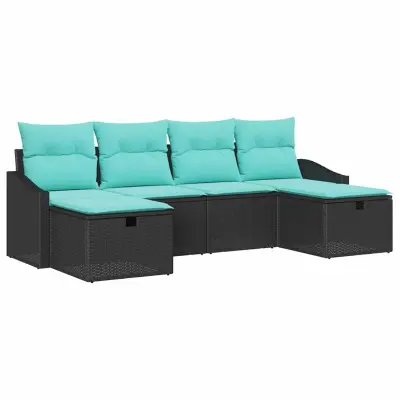 vidaXL Vrtna sedežna garnitura z blazino 6 pcs Črna Poly ratan