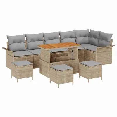 vidaXL Vrtna sedežna garnitura z blazino 10 pcs Bež poli ratan