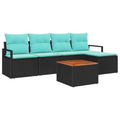 vidaXL Vrtna sedežna garnitura z blazino 6 pcs Črna poli ratan