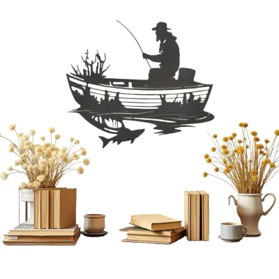 Črna Železna Stenska Umetnost - Dizajn Ribolovnega Čolna za Dekoracijo