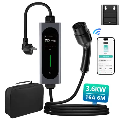 Tip 2 EV Polnilni Kabel za Električna Vozila – 1-Fazni 3.68KW, Nastavljiv Tok(6/8/10/13/16A), Wi-Fi Bluetooth, Prenosni Polnilec 6M s Schuko Vtičn