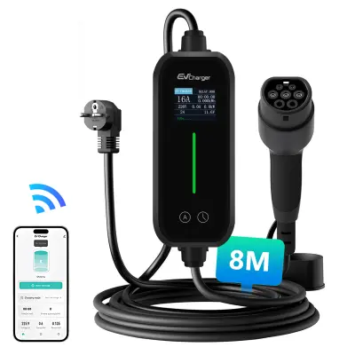 EV polnilec enofazni način 16 A, zaslona, indikator polnjenja, možnost rezervacije, Bluetooth in WiFi, 8-metrski kabel