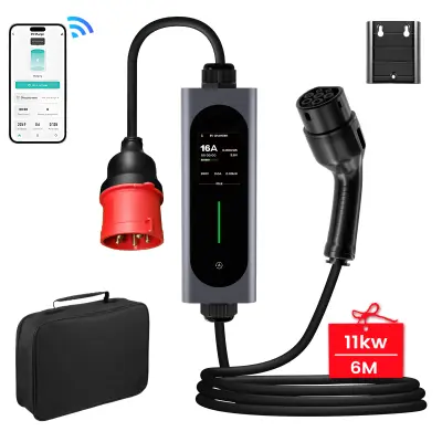 Tip 2 EV električni avtomobilski polnilni kabel – 11kW, nastavljiv tok, LCD zaslon, prenosni polnilnik 6 m z vtičem CEE 6-16A IP67 Wi-Fi Bluetooth