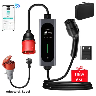 Tip 2 EV električni avtomobilski polnilni kabel – 11kW, nastavljiv tok, LCD zaslon, prenosni polnilnik 6 m z vtičem Schuko 6-16A IP67 Wi-Fi  Bluet