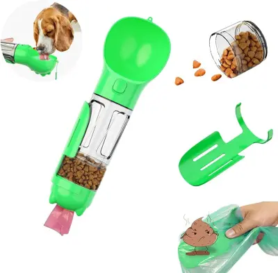 Potovalna steklenička za psa in mačko 300 ml, zelena, 4v1 prenosna posoda za vodo, hrano, vrečke in žlica za hišne ljubljenčke