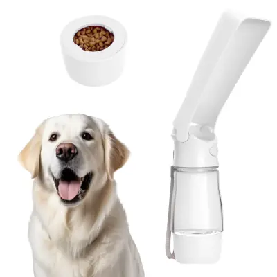 Steklenica za vodo za pse in posoda za hrano 2v1, prenosni bidon s funkcijo napajalnika za sprehode, bela plastika, 320 ml