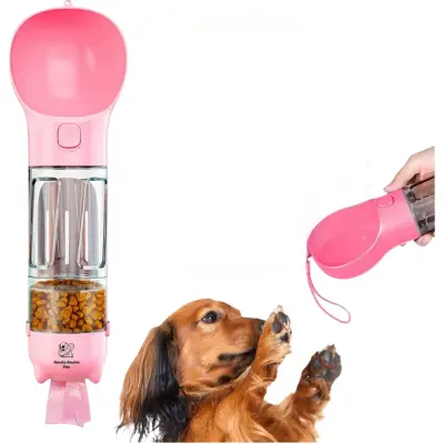 Steklenica za vodo za psa 3 in 1, prenosni bidon z napajalnikom in posodo za hrano, rožnat, 300 ml, za sprehode in potovanja