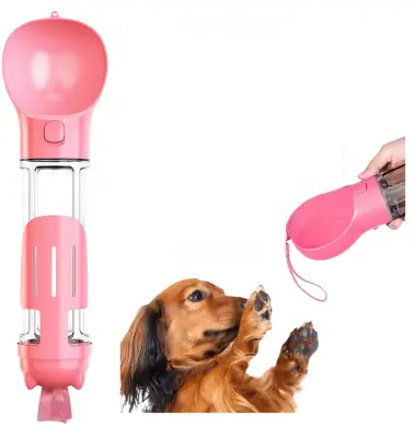 Steklenica za vodo za pse bidon 500 ml z napajalnikom, posodo za hrano in vrečkami, večnamenski prenosni komplet, rožnat