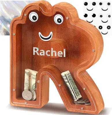 Hranilnik v obliki črke R, lesen otroški hranilnik denarja z nalepkami, rjav, prozorna akrilna plošča, 20 x 4 x 23 cm