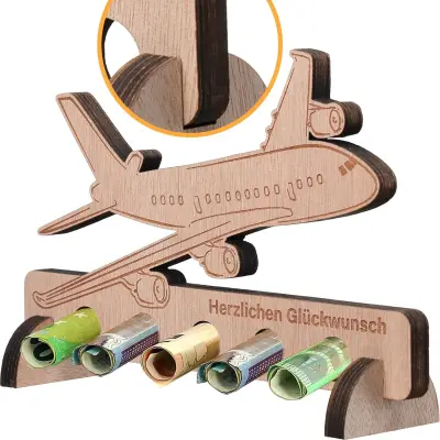 Leseno letalo z gravuro za bankovce in darila, dekorativna lesena maketa za rojstni dan, 20x12 cm, naraven les