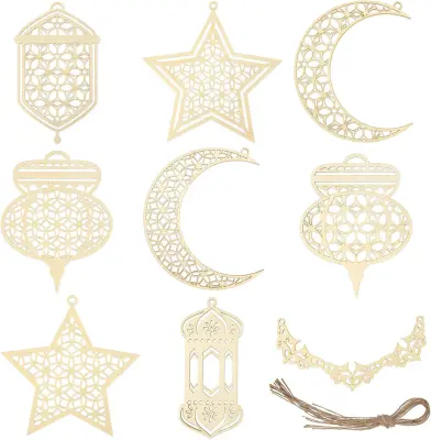 Leseni okraski Ramadan Kareem, komplet 9 kosov, viseča dekoracija v obliki lune, zvezde in lanterne, naravni les z vrvico
