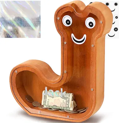 Lesen hranilnik v obliki črke J, 23 cm, prozorna akrilna plošča za kovance in bankovce, vključene nalepke z abecedo in obrazi