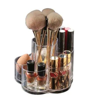Vrtljivi organizator za kozmetiko, prozoren akril, 360-stopinjsko vrtenje, 6 predelkov za ličila in dodatke, 11,5x15 cm