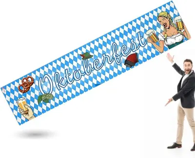 Transparent za Oktoberfest 40x150 cm, viseča modro-bela bavarska dekoracija, XXL praznični transparent za zunanjo uporabo