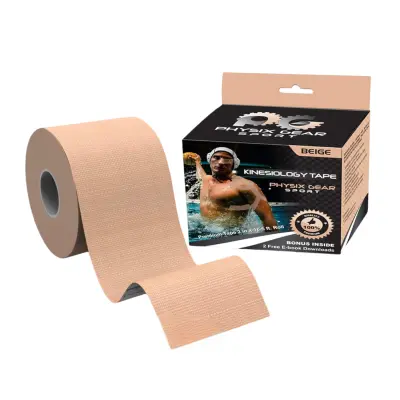 Kineziološki trak Physix Gear Sport, vodoodporen trak za mišice in sklepe, bež barva, 5 cm x 5 m, z navodili za uporabo