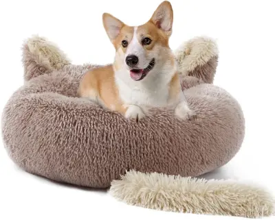 Plišasta postelja za hišne ljubljenčke, okrogla, 60x20 cm, bež – mehko ležišče za majhne pse in mačke z nedrsečim dnom