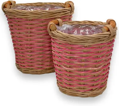 Ratanovi cvetlični lonci v rjavo-rožnati barvi, set 2 kosov različnih velikosti s plastičnim vložkom za rastline in shranjevanje