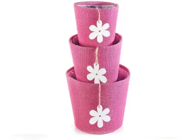 Okrasni lončki iz jute v kompletu 3 kosov - roza, vodoodporna notranjost in lesena dekoracija, različne velikosti, KONTARBOOR