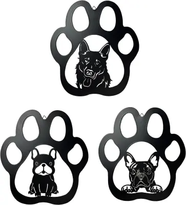 Kovinske stenske dekoracije s psi, komplet 3 kosov, 26,4 x 24,6 cm, črna kovinska grafika s tackami za ljubitelje živali