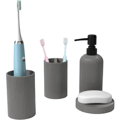 Komplet kopalniških dodatkov 4/1, siv mat dozirnik za milo, lonček, milnica in posoda, moderen dizajn za kopalnico