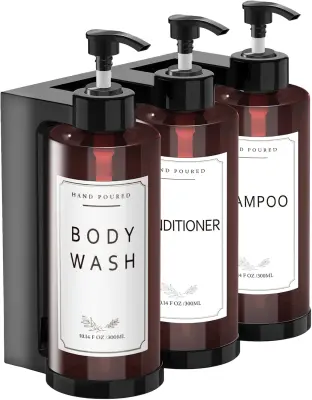 Držalo za set dozirnikov mila (3 kosi), stensko, minimalističen dizajn, visokokakovostna plastika, črna barva, brez steklenic