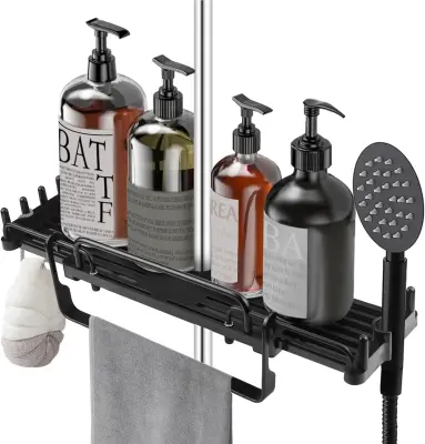 Polica za tuš brez vrtanja, teleskopska kopalniška polica iz aluminija, nastavljiva višina za palico 18-26 mm, črna