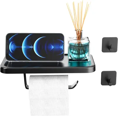 Nosilec za toaletni papir s polico, brez vrtanja, samolepilni, mat črn, nerjaveče jeklo, s kaveljčki za kopalnico (113 znakov)