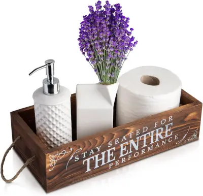 Kopalniški pladenj lesen rustikalno rjav z dvostranskimi napisi, dekorativni pladenj za toaletni papir in kozmetiko iz lesa