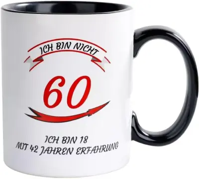 Keramična skodelica za 60. rojstni dan, napis Ich bin ne 60, bela, 320 ml, odporna na mikrovalovno pečico in pomivalni stroj