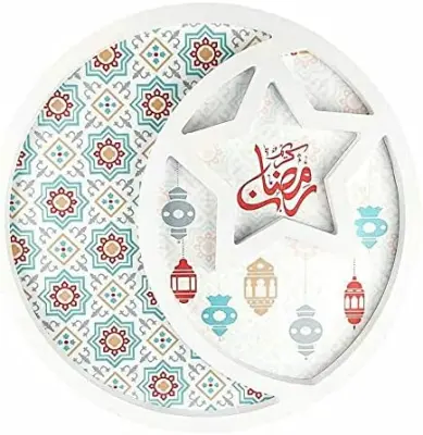 Lesen desertni krožnik Eid Mubarak, bel servirni pladenj z motivom zvezde in lune za Ramadan, dekorativna posoda za sladice