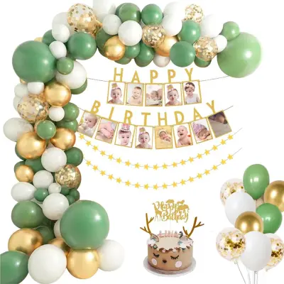 Set rojstnodnevnih dekoracij Džungla z baloni, zlato zeleni safari motivi, girlanda in namizni pribor, 115 kosov