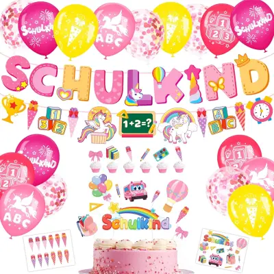 Balonski set za začetek šolskega leta, motivi samoroga in rožnata barva, dekoracija za deklice, 73 kosov, nemški napisi