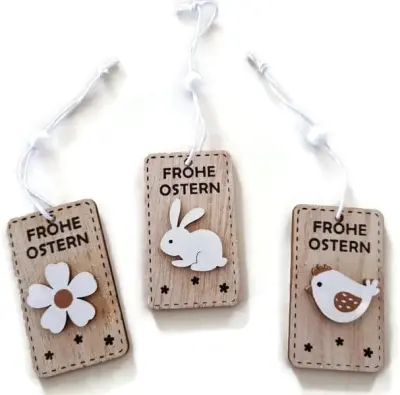 Leseni velikonočni obeski za dekoracijo, motiv zajček, piščanec in cvetje, naraven les, set 3 kosi, višina 6 cm