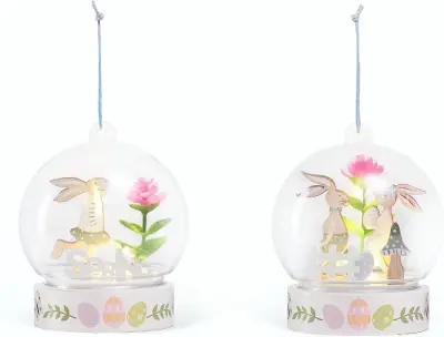 Velikonočna lesena dekoracija z LED osvetlitvijo, set 2 kosov, ročno poslikan zajček pod steklom, 8x8x9 cm, topla bela svetloba