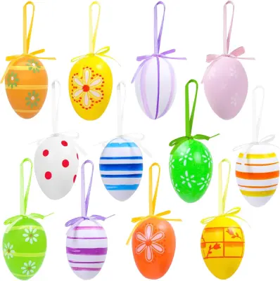 Velikonočna jajca in ročno poslikani pirhi, komplet 24 kosov, pisani viseči okraski s trakovi za praznično dekoracijo doma
