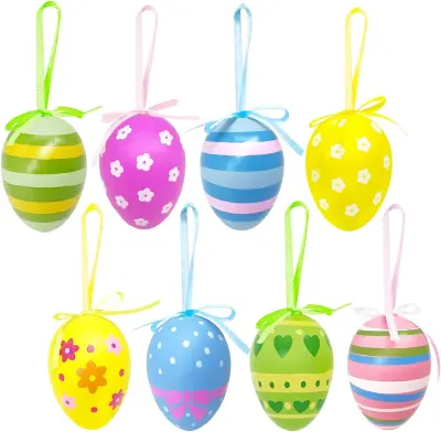 Velikonočna jajca za obešanje Aviski, set 24 kosov, večbarvni pirhi z vzorci, 6x4 cm, trpežna plastična praznična dekoracija