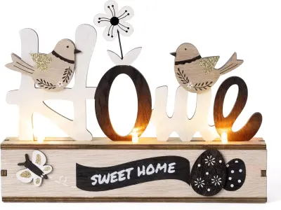 Velikonočna dekoracija lesena z LED lučkami, napis Home in spomladanski motivi, naraven les, rjava barva, 22x5x17 cm