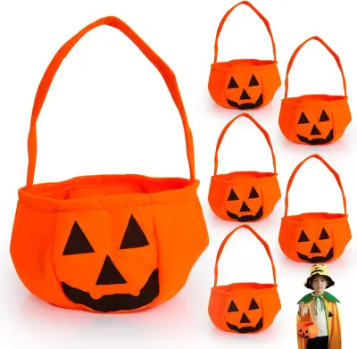 Vrečke za sladkarije Halloween Buča, komplet 6 kosov, trpežna tkanina z ročajem, dekoracija za otroke in zabavo