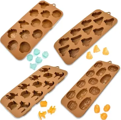 Silikonski modeli za čokolado in led Noč čarovnic, komplet 4 kosi, motivi buče, duhovi in lobanje, rjavi, brez BPA