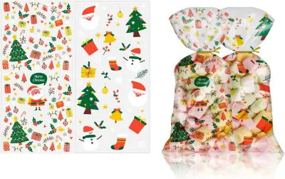 Božične celofanske vrečke za piškote in sladkarije, 100 kosov, s trakovi za zapiranje, 38,4x27 cm, praznični motivi, OPP material
