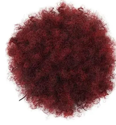 Afro Puff čop kodrast kratek sintetičen podaljšek za lase z vrvico in nastavljivo mrežico, odporen na toploto, rdeč