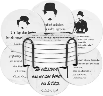 Keramični podstavki za skodelice Charlie Chaplin, komplet 6 kosov, premer 10,5 cm, bela keramika, zaščita za mizo