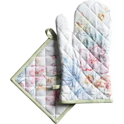 Pekarska kuhinjska rokavica in bombažna krpa, toplotno odporna, 100% bombaž, bela, za peko in žar, komplet 19x33 cm in 20x20 cm