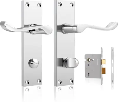 Kljuke za notranja vrata z zaklepanjem na gumb, poliran krom, univerzalne za leva/desna vrata, komplet 10 parov