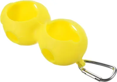 Držalo za golf žogice, silikonsko, za 2 žogici, z zaponko za pas in torbo, rumene barve, odporno na udarce, 46 mm premer