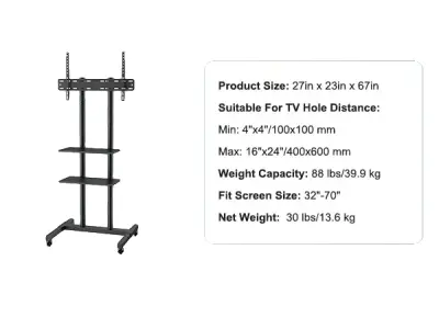 TV stojalo, višinsko nastavljivo, mobilno z dvojno pladnjem, 32-70 in