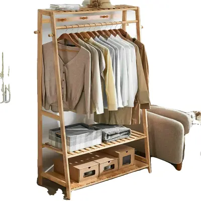 Stojalo za oblačila, bambusov material, 2-nivojski prostor za čevlje, rumena