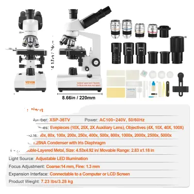 VEVOR Trinocularni mikroskop, 40X-5000X povečava, nastavljiva LED osvetlitev, 40X-5000X, trinocular