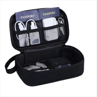Travel Portable Electronics Organizer Pouch - Lightweight PU Tech Storage Black